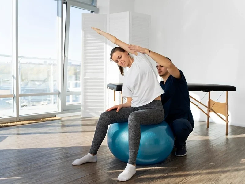 Physical therapist assessing a patient's affected joint movement and mobility
