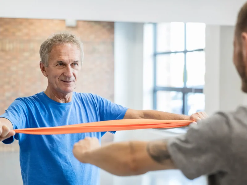 Physical therapist assessing a patient's inner ear and neck movement and mobility