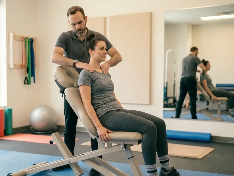 Physical therapist assessing a patient's hip movement and mobility