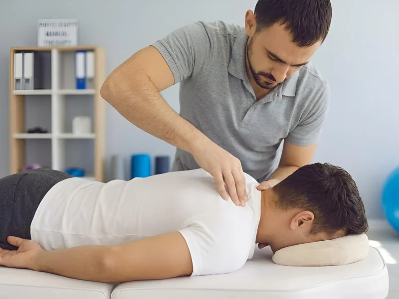 Physical therapist assessing a patient's neck movement and mobility