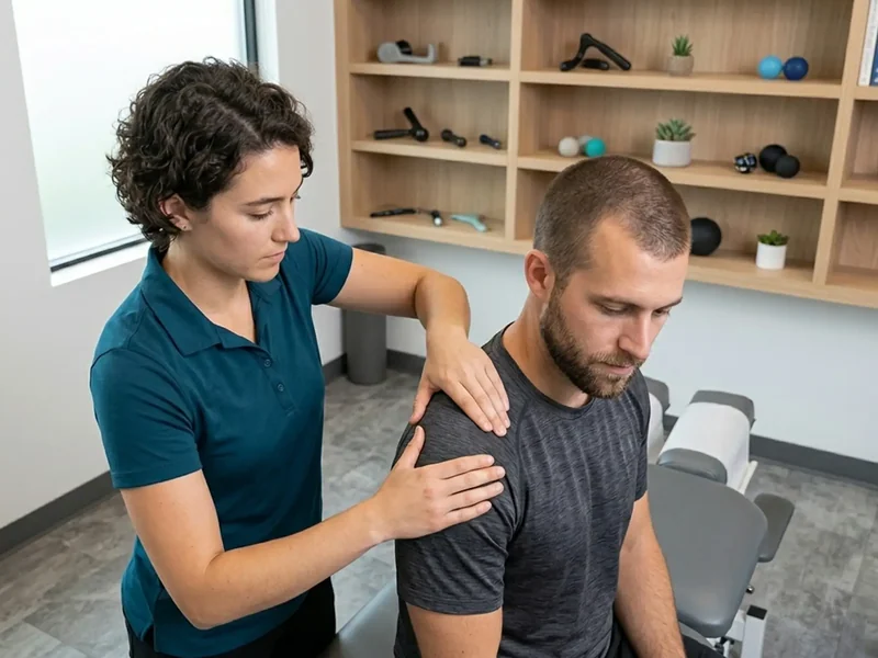 Physical therapist assessing a patient's injured tendon movement and mobility