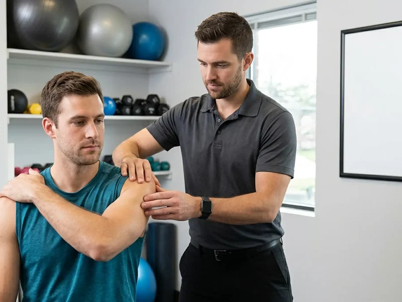 Physical therapist performing myofascial release on a patient's shoulder
