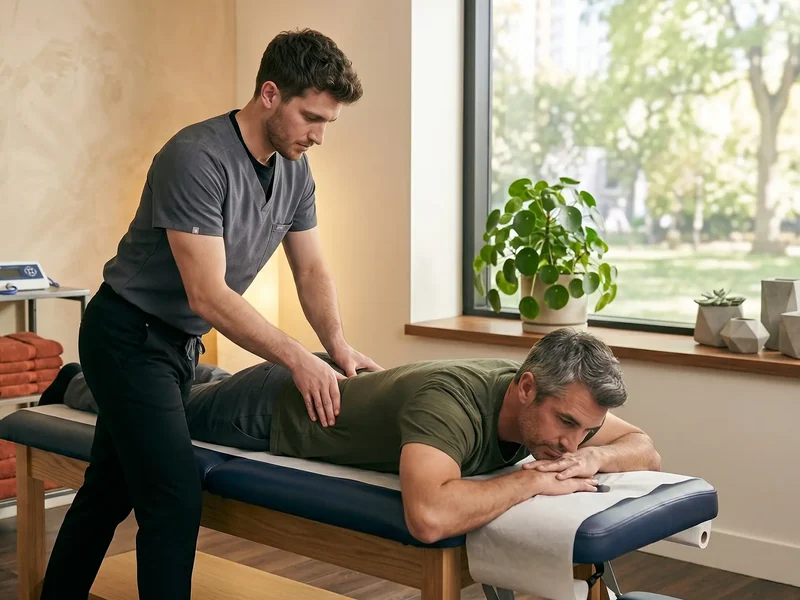 Physical therapist performing spinal manipulation on a patient's shoulder
