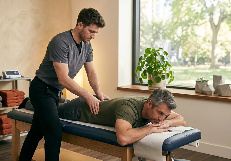 Physical therapist performing spinal manipulation with a patient