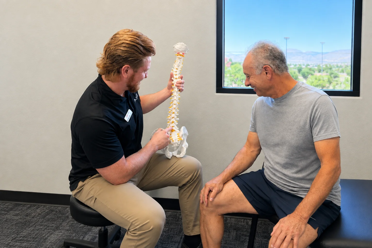 Physical therapist performing patient education with a patient