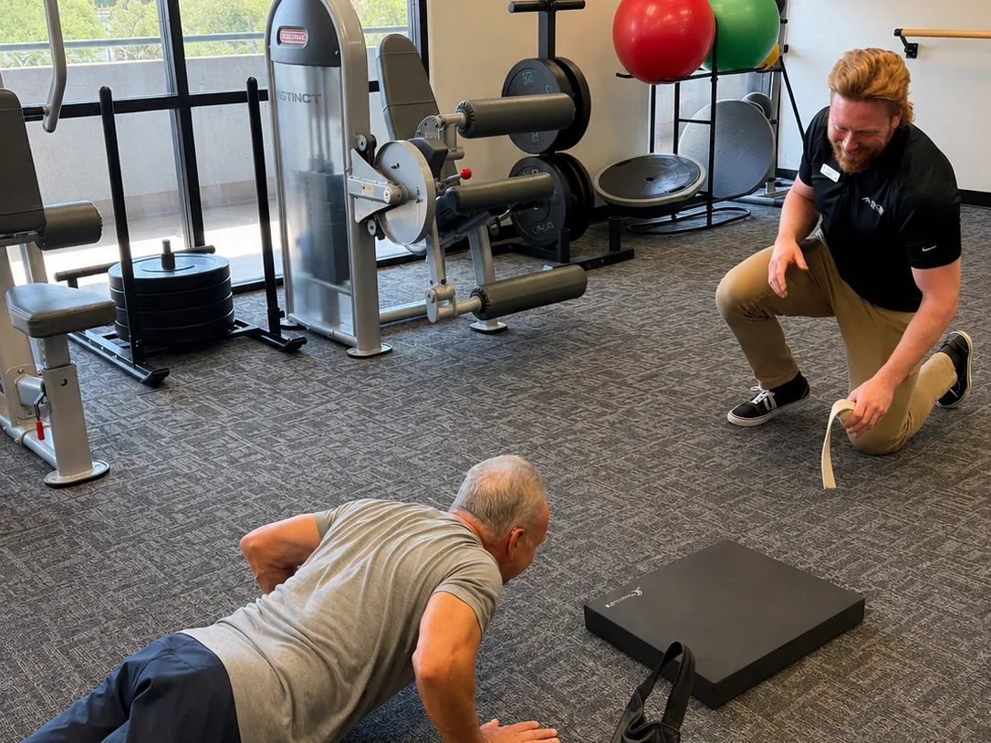 Physical therapist coaching a patient through a floor exercise in the clinic gym