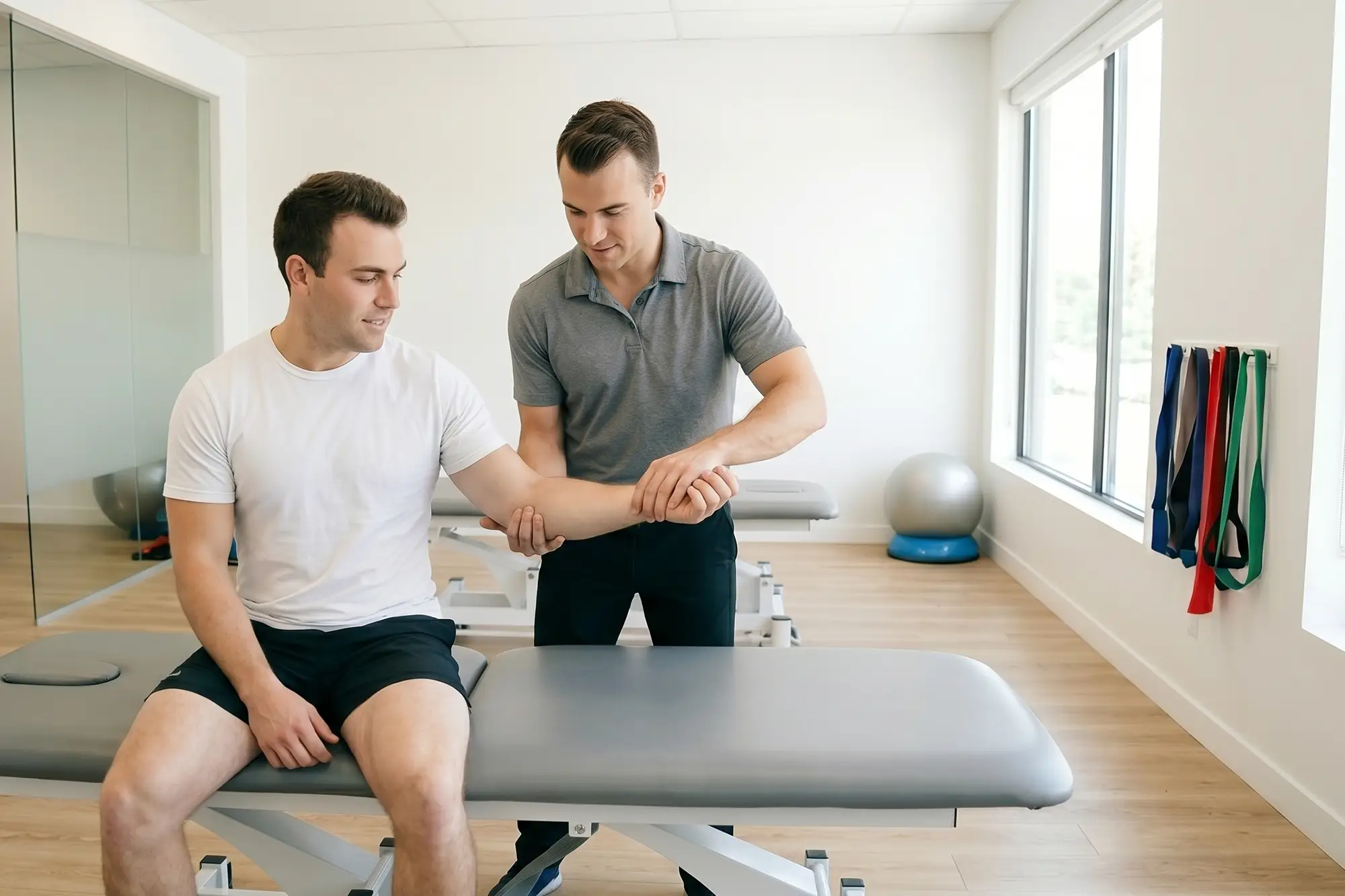 Physical therapist performing active release technique with a patient